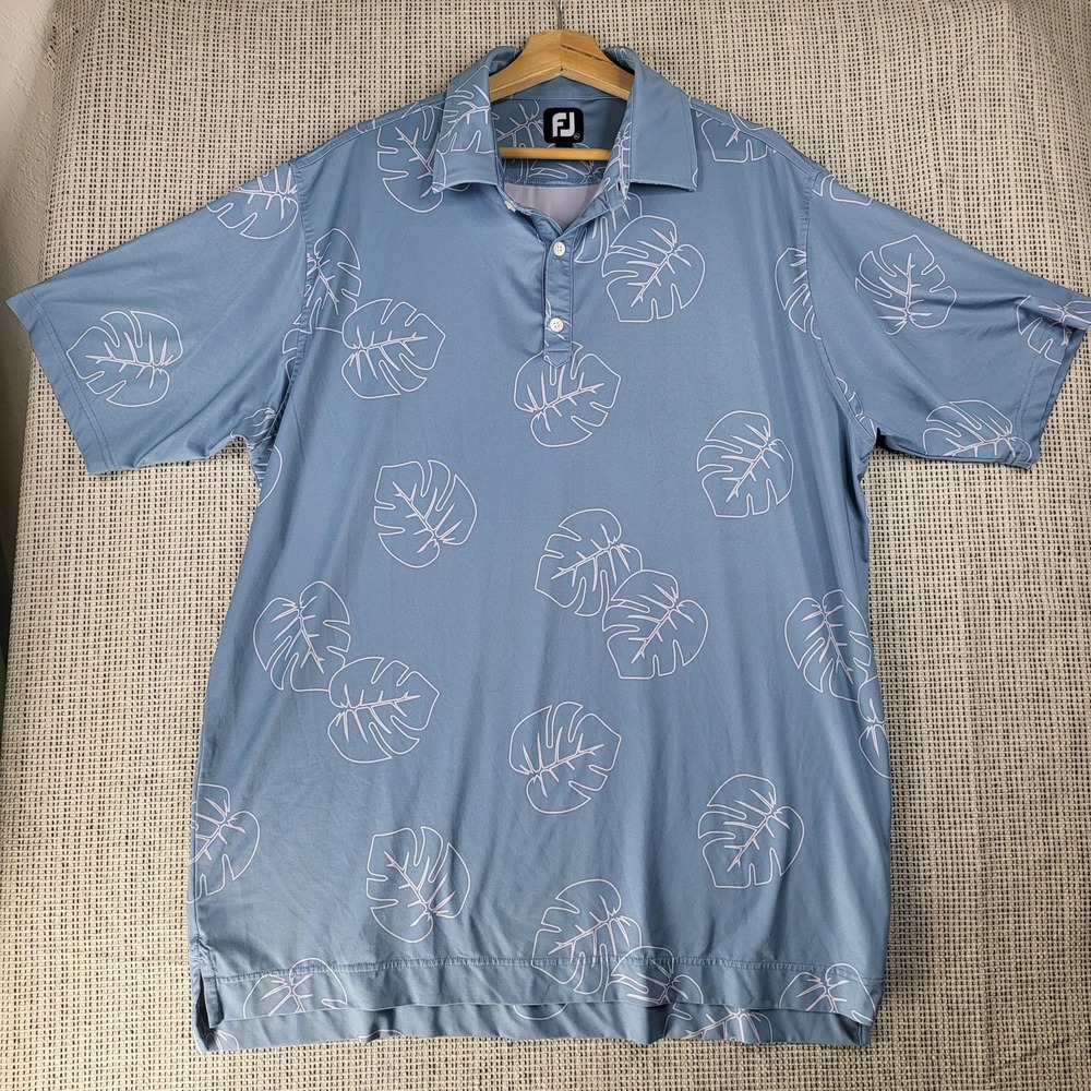 FootJoy Polo Shirt Mens XL Blue Leaf Print Golf Performance Moisture Wicking